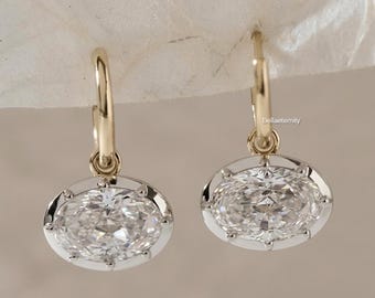 Moissanite Huggie Earrings, 925 Silver Gold Finish, Oval Cut East West Drop Earring For Her, Wedding Gift Earrings, Anniversary Gifts