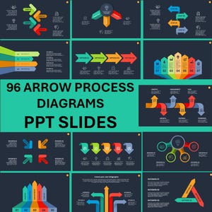 May include: A collection of colorful arrow diagrams and infographics on a dark background. The image includes various designs with arrows pointing in different directions, along with the text "96 ARROW PROCESS DIAGRAMS PPT SLIDES".