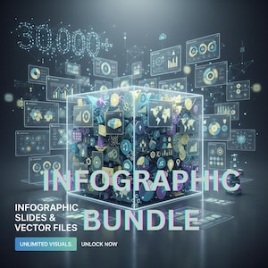 May include: A digital infographic bundle graphic with the text "INFOGRAPHIC BUNDLE". The image features a cube filled with icons and data visualizations, surrounded by floating screens displaying charts and graphs. The text "30,000+" is also visible.
