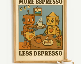 Roboter Kaffee Kunstdruck – More Espresso Less Depresso (Digitaler Download)