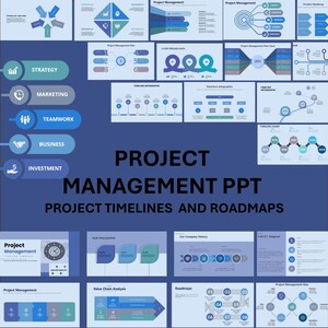 May include: A collection of project management PowerPoint slides with various charts, diagrams, and infographics. The slides feature a blue and white color scheme and include text such as "Project Management PPT" and "Project Timelines and Roadmaps."