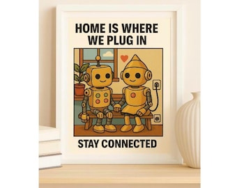 Retro Roboter Paar Druck: Verbunden bleiben Kunst (Digitaler Download)