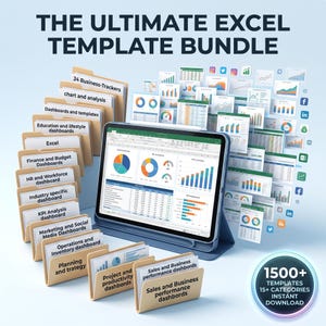 May include: A digital tablet displays an Excel dashboard with charts and graphs, surrounded by tan file folders labeled with categories like Finance, HR, and Marketing. The text reads THE ULTIMATE EXCEL TEMPLATE BUNDLE and 1500+ TEMPLATES 15+ CATEGORIES.