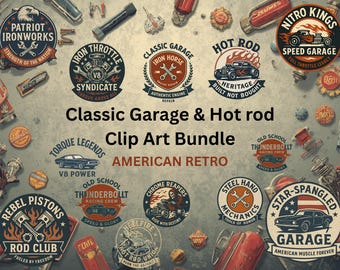 15+ Retro Hot Rod Garage Clip Art Bündel | Amerikanisches Muskelauto SVG (Digital Download)