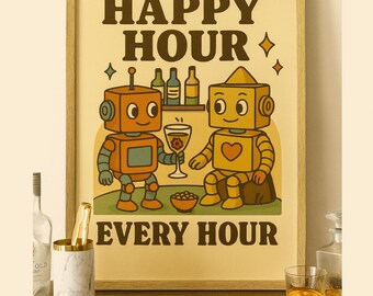 Lustige Roboter Bar Kunstdruck - Retro Happy Hour Illustration (Digitaler Download)