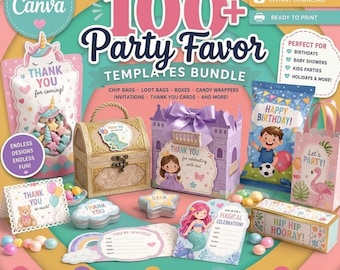 100+ Party Favor Templates Bundle, bearbeitbares Canva Geburtstagszubehör (digitaler Download)