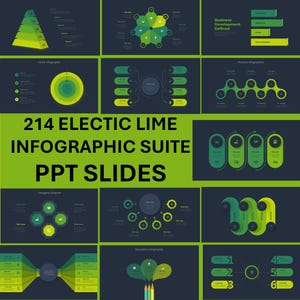 May include: A collection of infographic slides with a dark blue background and various charts and diagrams in shades of green and yellow. The text "214 ELECTIC LIME INFOGRAPHIC SUITE PPT SLIDES" is prominently displayed.