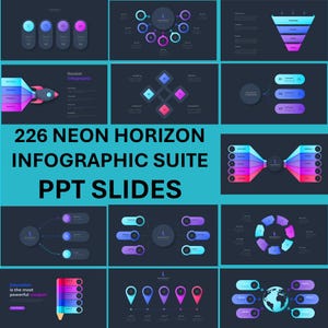 Può includere: Una raccolta di diapositive infografiche con uno sfondo scuro ed elementi colorati al neon. Le diapositive presentano vari grafici, diagrammi e illustrazioni, tra cui un razzo, una matita e un globo. Il testo sulle diapositive recita "226 Neon Horizon Infographic Suite PPT Slides."