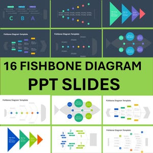 May include: A collection of 16 Fishbone Diagram PPT Slides. The image features various diagram templates with colorful shapes and text, including arrows, circles, and fishbone structures. The diagrams are on a dark background with a green banner that reads "16 FISHBONE DIAGRAM PPT SLIDES."