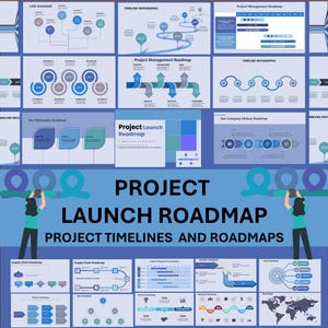 May include: A collection of project management and timeline infographics in shades of blue and teal. The central graphic reads "PROJECT LAUNCH ROADMAP PROJECT TIMELINES AND ROADMAPS". Various charts and diagrams are displayed.