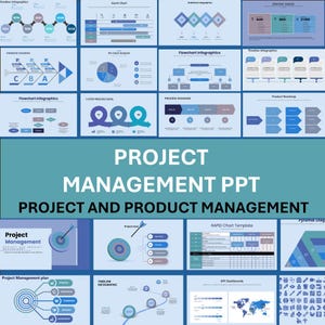 May include: A collection of blue and white project management PowerPoint templates. The image includes various charts, diagrams, and infographics, with the text "PROJECT MANAGEMENT PPT" and "PROJECT AND PRODUCT MANAGEMENT".
