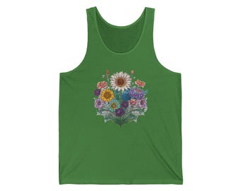 Tanque con ramo de flores silvestres / Ilustración de jardín floral con girasoles