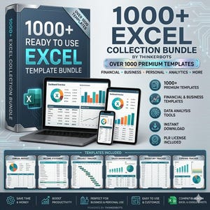 Op de afbeelding: Een digitale productbundel met meer dan 1000 Excel-sjablonen. De afbeelding toont een laptop, tablet en smartphone met Excel-spreadsheets. De bundel bevat sjablonen voor financiële, zakelijke en persoonlijke doeleinden.