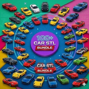 May include: A collection of miniature toy cars in various colors, including red, yellow, blue, and green, arranged in a circular pattern. The image features the text "100+ CAR STL BUNDLE" in a purple and red design, suggesting a digital product.