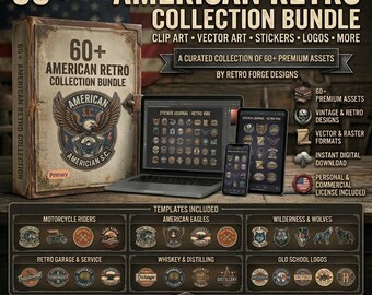 60+ Vintage Erben Clipart MEGA BUNDLE | Retro Biker, Hot Rod, Outdoor Abenteuer (PNG Dateien)