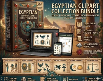 Ägyptisches Clipart-Bundle • 25+ PNG Designs • Mystische Symbole, Götter, Hieroglyphen