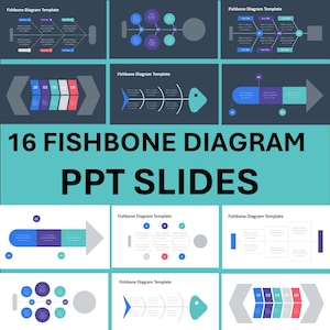 Puede incluir: Un conjunto de 16 plantillas de diapositivas PPT de diagrama de espina de pescado. Las plantillas presentan varios diseños con esquemas de color azul, morado y turquesa. El texto "16 FISHBONE DIAGRAM PPT SLIDES" se muestra.
