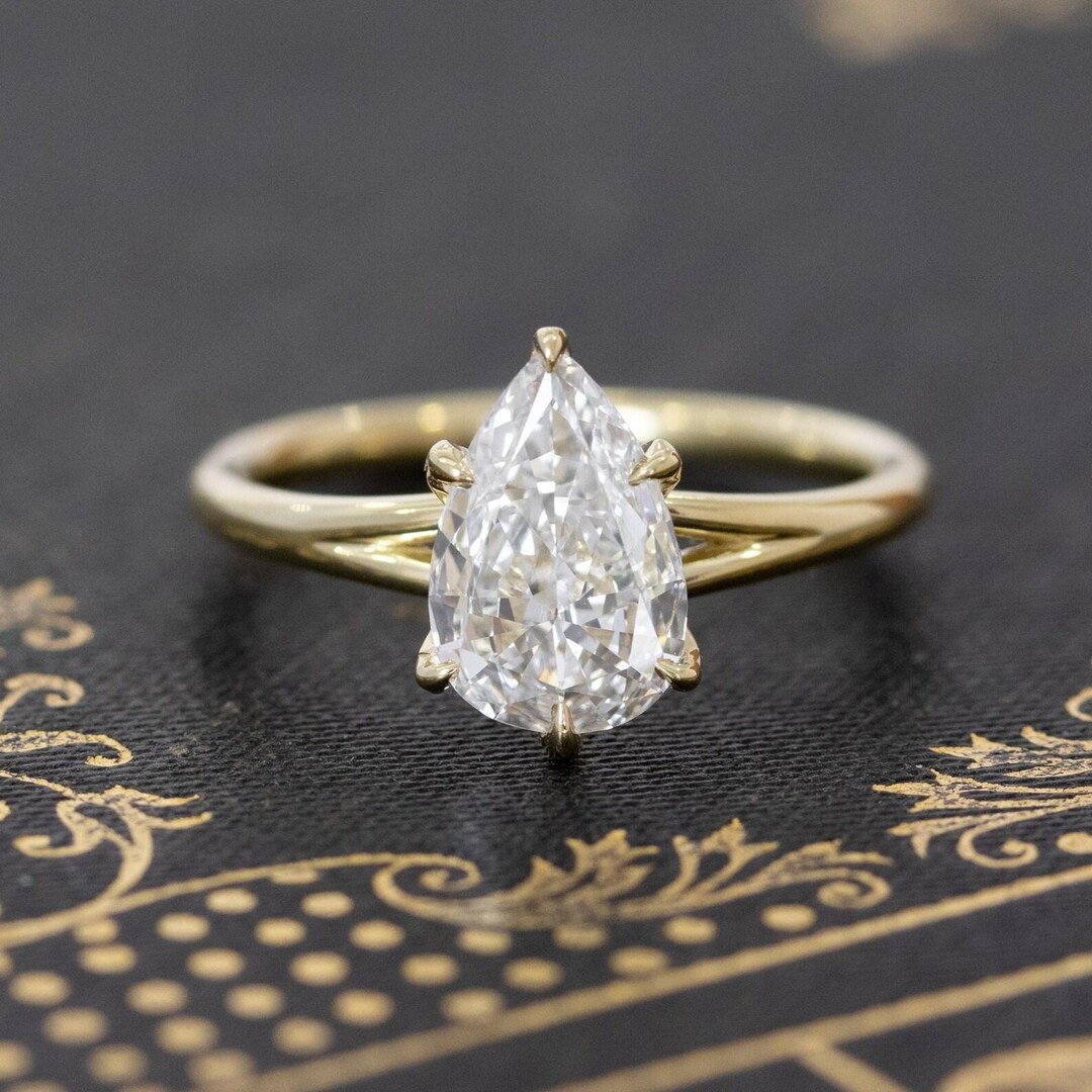 3 CT Pear Cut Diamond Solitaire Engagement Ring 14K Yellow Gold Classic ...