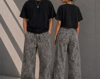 Unisex Vintage Wash Leopard Wide Leg Jeans