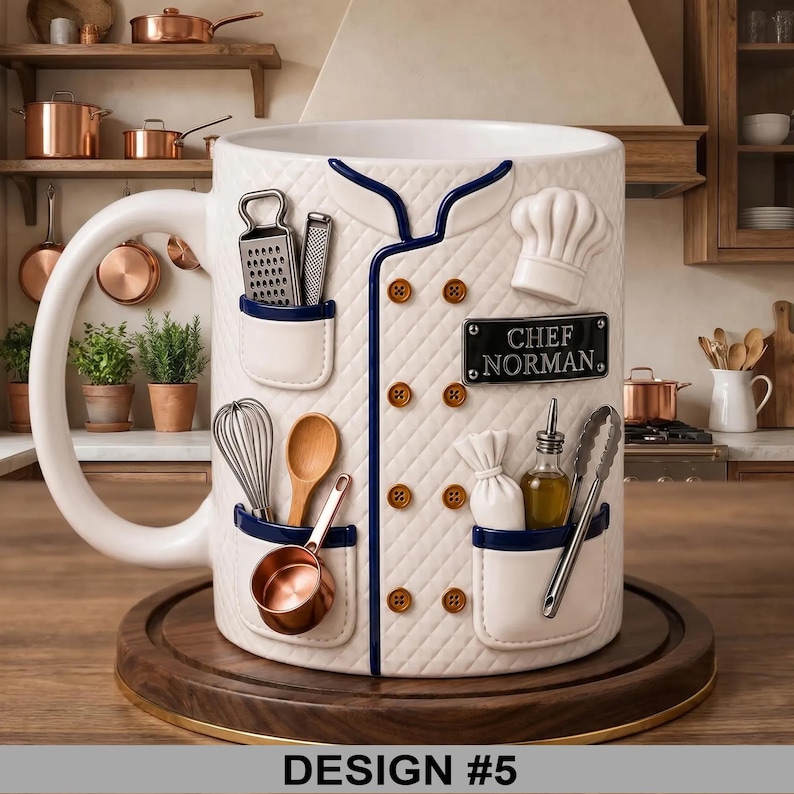 May include: A white ceramic mug designed to resemble a chef's coat, featuring a chef's hat, utensils, and the text "CHEF NORMAN." The mug has a large handle and is set on a wooden coaster. The design includes a grater, whisk, and small copper pan.