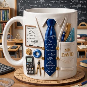 May include: White ceramic mug designed to resemble a teacher's attire, featuring a blue tie with mathematical formulas, a pocket with "MR. DAVID" text, and a calculator. The mug includes a handle and various mathematical symbols.