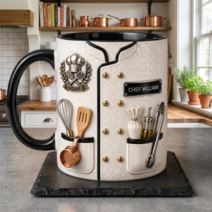 May include: A large white ceramic mug designed to resemble a chef's jacket, featuring black trim, gold-colored buttons, and pockets with miniature kitchen tools. The mug has a black handle and the name "CHEF WILLIAM" on a nameplate.