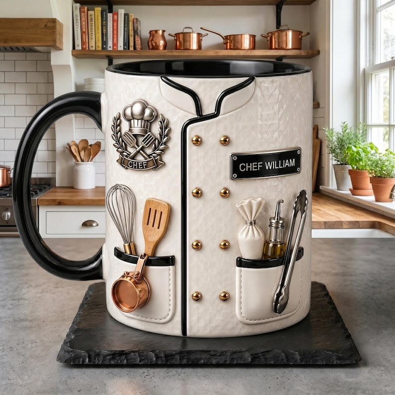 May include: A large white ceramic mug designed to resemble a chef's jacket, featuring black trim, gold-colored buttons, and pockets with miniature kitchen tools. The mug has a black handle and the name "CHEF WILLIAM" on a nameplate.