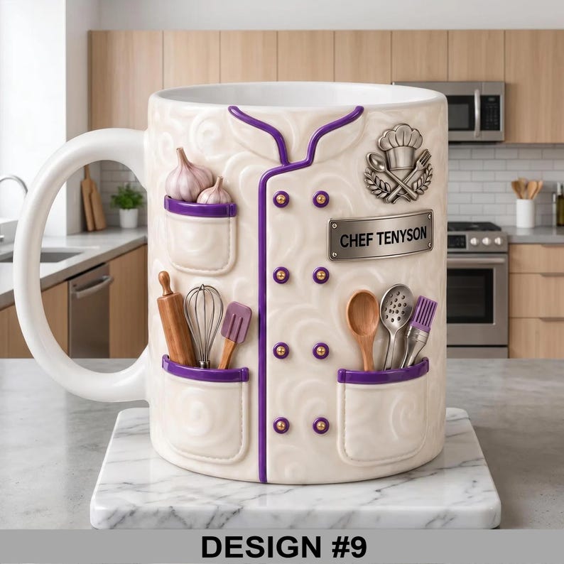 May include: White ceramic mug designed to resemble a chef's coat, featuring purple trim and pockets with miniature kitchen tools and garlic. The mug has the text "CHEF TENYSON" on a nameplate and the words "DESIGN #9" at the bottom.