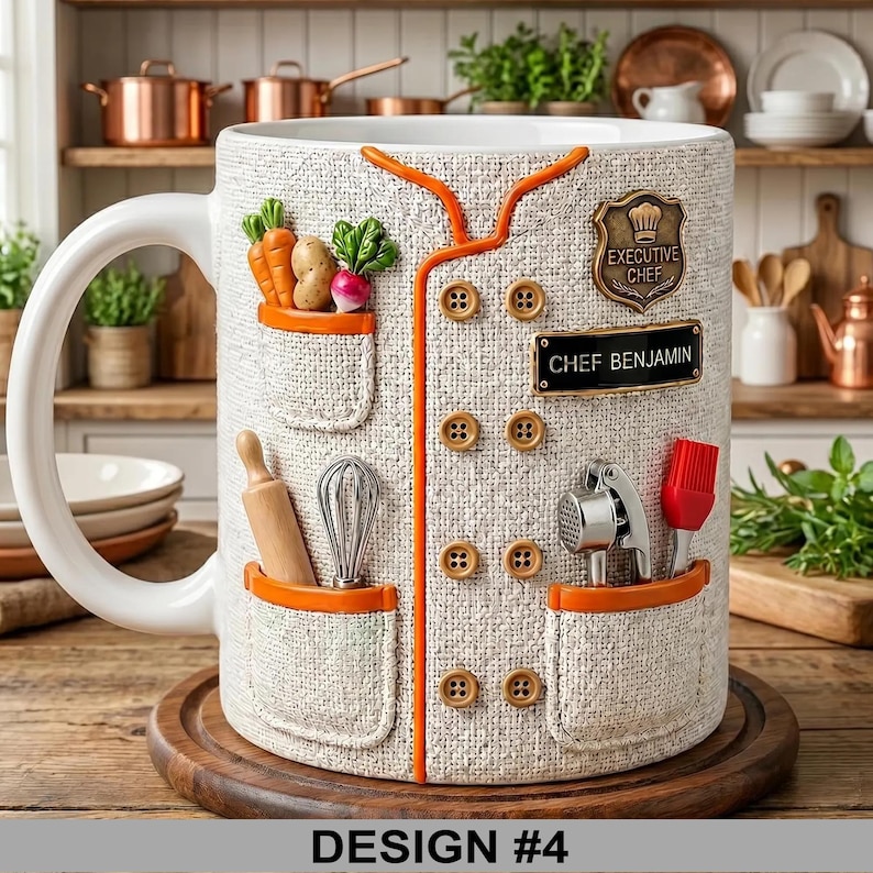 May include: White ceramic mug designed to resemble a chef's coat, featuring pockets with miniature vegetables and cooking tools. The mug has a handle and is decorated with buttons, an "Executive Chef" badge, and the name "CHEF BENJAMIN". The text "DESIGN #4" is at the bottom.