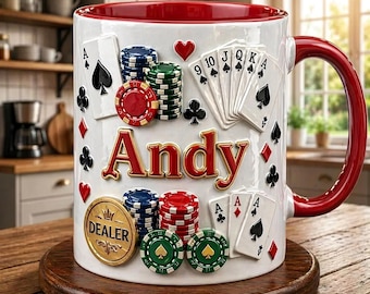 Personalized Poker Mug, Ceramic Coffee Cup with Casino Chips and Playing Cards, Custom Card Player Gift