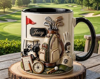 Personalized Golf Mug, Ceramic Coffee Cup with Name, Golf Bag and Clubs Design for Golfer Gift