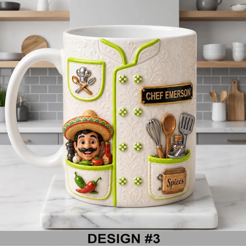 May include: White ceramic mug with a chef design. The mug features a smiling chef wearing a sombrero, with pockets containing spices and cooking tools. The text "CHEF EMERSON" is displayed on the mug. The mug is on a white marble surface.