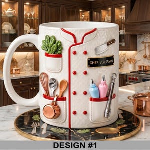 May include: A large white ceramic mug designed to resemble a chef's coat, featuring red trim and pockets with miniature kitchen tools and a plant. The mug has the name "CHEF BENJAMIN" on a black nameplate.