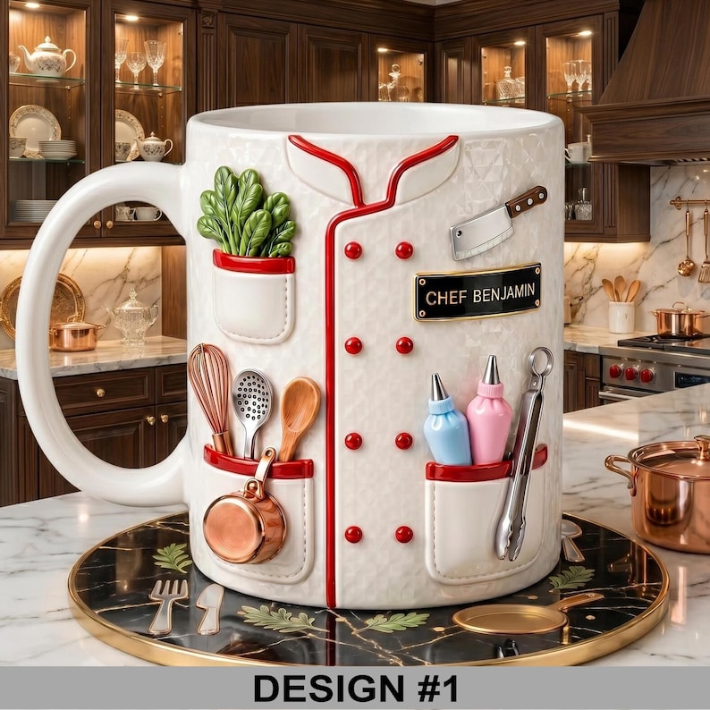 May include: A large white ceramic mug designed to resemble a chef's coat, featuring red trim and pockets with miniature kitchen tools and a plant. The mug has the name "CHEF BENJAMIN" on a black nameplate.