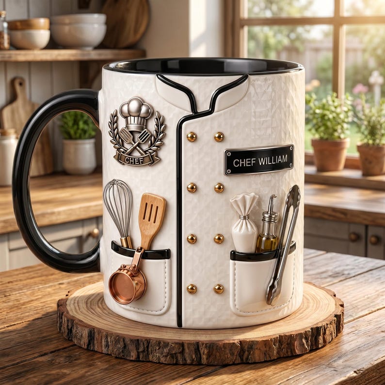 May include: A white ceramic mug designed to resemble a chef's coat, featuring a black handle and rim. The mug includes a chef's hat emblem, the name "CHEF WILLIAM", and pockets with miniature kitchen tools. It sits on a wooden coaster.