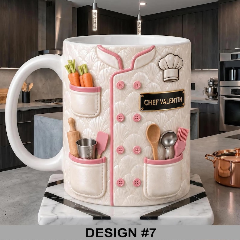 May include: A large white ceramic mug designed as a chef's jacket, featuring pink trim and buttons. The mug has pockets with miniature carrots, a rolling pin, and other kitchen tools. The text "CHEF VALENTIN" is on a black nameplate.