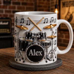 Personalized Drummer Mug, Custom Name Drum Set Coffee Cup, Musician Gift, Percussionist Ceramic Mug, Music Lover Cup