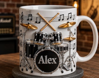 Personalized Drummer Mug, Custom Name Drum Set Coffee Cup, Musician Gift, Percussionist Ceramic Mug, Music Lover Cup