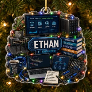 May include: A clear, shaped ornament featuring a computer setup with a monitor displaying system status, a laptop with code, a server, a network switch, a tool kit, and books labeled System Admin, Networking, Cyber Security, Cloud Computing, and Linux Essentials. The center text reads ETHAN IT ENGINEER, and a mug says CODE DEPLOY COFFEE REPEAT.
