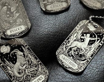 Zodiac Dog Tag Pendant, Tarot Astrology Black Stainless Steel Jewelry (Keychain Option)