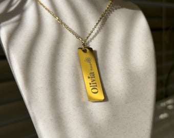 Personalized Name Bar Necklace,  18K Gold Plated Stainless Steel Floral Engraving