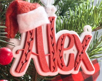 Custom Name Christmas Tree Ornament Decor with Santa Hat | 3D Printed Personalized Name Tag