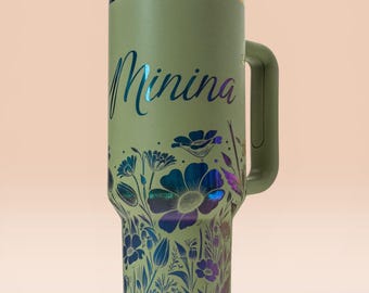 Custom 40oz Tumbler, Personalized Floral Travel Mug, Laser Engraved Name Cup
