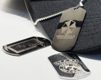 Resident Evil Dog Tag Necklace, Black Stainless Steel, Gamer Jewelry, Custom Engraving