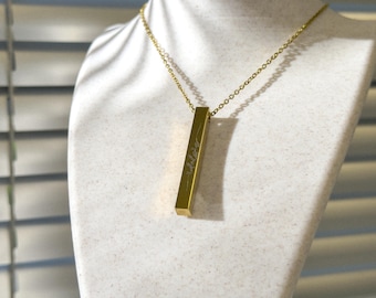Personalized Vertical Bar Necklace, Custom 3D Pendant, 18K Gold Plated Stainless Steel Jewelry