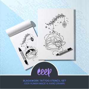 May include: Blackwork tattoo stencil set with a sleeping bunny design in a Christmas ornament. The set includes a notepad and a single sheet, plus two black markers. The text reads "BLACKWORK TATTOO STENCIL SET 100% HUMAN MADE & HAND DRAWN."