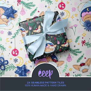 May include: A wrapped gift with a light blue ribbon sits on a white surface with a repeating pattern. The wrapping paper is black with a festive design of sleeping animals, stars, and ornaments. The background features similar illustrations.