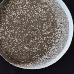 May include: A ceramic plate with a speckled, textured surface. The plate features a dark brown center with white speckles and a white rim. The design gives the plate a rustic, handcrafted appearance, suitable for serving food.