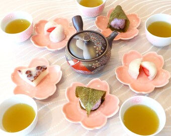 Japanese Tea Set – Sakura Cherry Blossom Cups & Plates with Shigaraki Red Fuji Teapot – Curated by Minori Tableware – Made in Japan