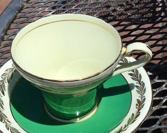 Aynsley Cup and Saucer Green with Gold Gilt Scrolling
